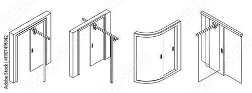 Collection of modern interior doors with sliding hardware in isometric perspective