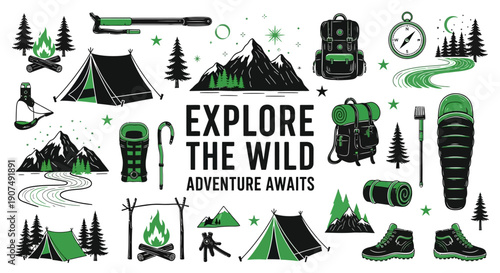 Collection of vintage outdoor adventure camping stickers, badges with tents, mountains, campfires, and explorer typography on a bright studio background, inspiring travel and freedom.