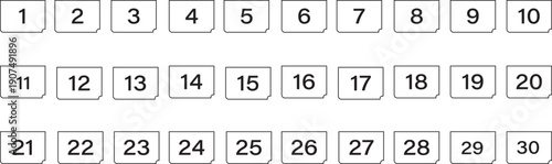 Calendar icons collection symbol1, 2, 3, 4, 5, 6, 7, 8, 9, 10, 11, 12, 13, 14, 15, 16, 17, 18, 19, 20, 21, 22, 23, 24, 25, 26, 27, 28, 29, 30. Transparent background design asset for productivity tool
