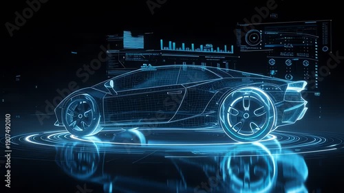 A futuristic blue holographic sports car with digital interface elements and data visualization.