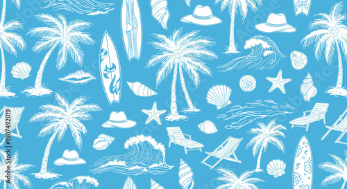 Seamless pattern featuring white palm trees, waves, surfboards, seashells, and beach chairs on a light blue background, creating a relaxing tropical summer vacation mood.