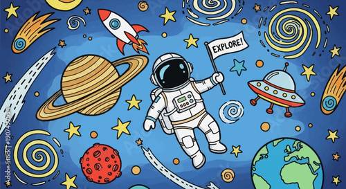 Adventurous cartoon astronaut exploring outer space, holding an "Explore!" flag amidst planets, stars, rockets, and UFOs, creating an imaginative and cosmic scene.