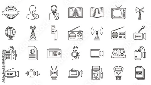 Collection of line art icons featuring technology, objects, and everyday items in a sketch style.