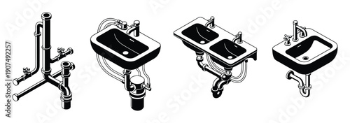 Isometric bathroom sink collection featuring double basins and single washbasins with plumbing systems