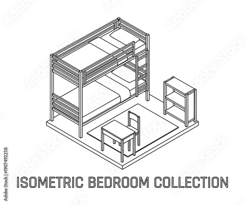 Bedroom furniture set. Bunk bed, desk, chair, shelving unit, rug. Compact living space.