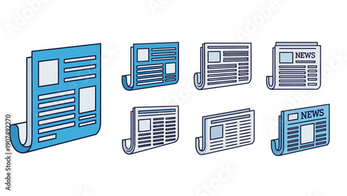 Set of blue newspaper icons in different orientations and styles for web graphics.
