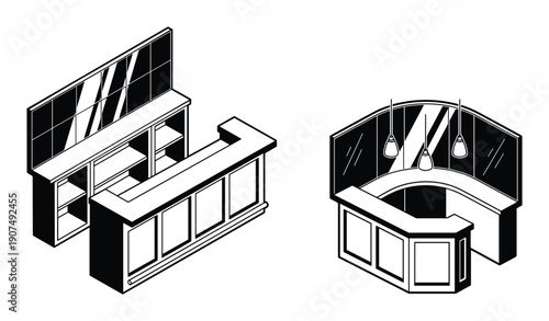 Isometric black outlines of two distinct counters, elegant and functional furniture pieces