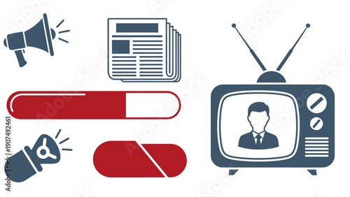 Collection of media and information icons depicting news, television, pills, and advertising in a symbolic layout.