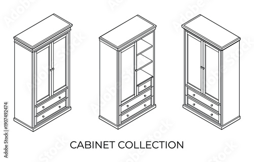 Office cabinet set. Wardrobe, storage units, drawers, shelves. Furniture design for office.