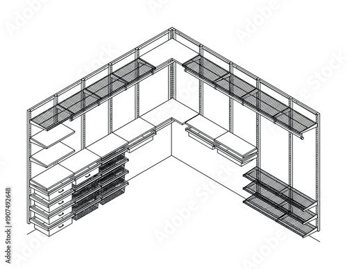 Isometric empty walk-in closet shelving system, hand-drawn furniture design for home organization