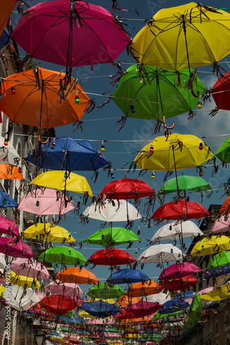 Carnival decoration with colorful umbrellas on Rua Portugal, in the historic center of São Luís, Maranhão, Northeast Brazil.