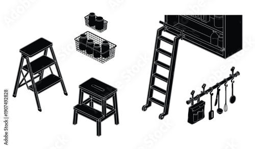 Isometric kitchen and utility room objects including ladders, stools, and storage