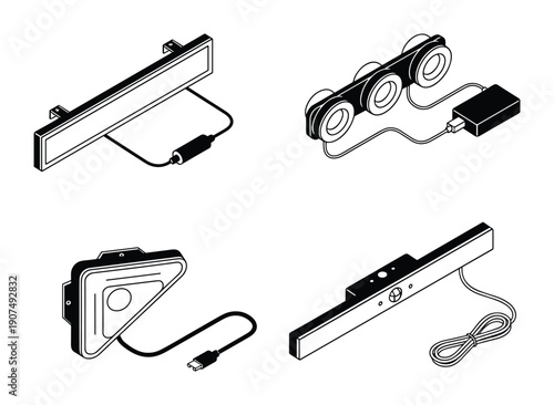 Isometric kitchen under cabinet lighting fixtures and electronic led bar icons set