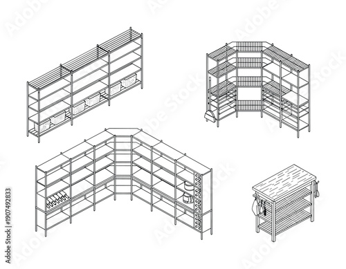 Isometric kitchen shelving, storage racks, and butcher block island outline set on transparent background