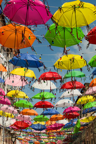 Carnival decoration with colorful umbrellas on Rua Portugal, in the historic center of São Luís, Maranhão, Northeast Brazil.