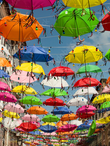 Carnival decoration with colorful umbrellas on Rua Portugal, in the historic center of São Luís, Maranhão, Northeast Brazil.