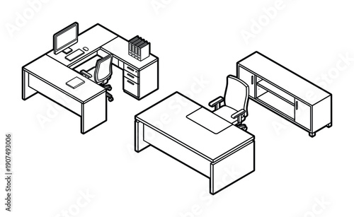 Black and white office workstation designs featuring computer desks adjustable chairs and shelves