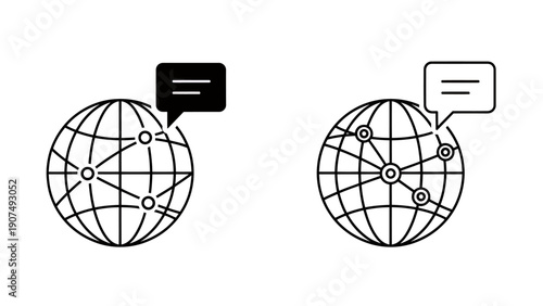 Two Globe Icons with Speech Bubbles Representing Global Communication and Dialogue Across Distinct Circles.