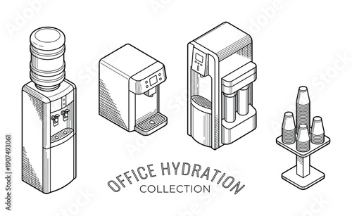 Office hydration items set. Water dispenser, coffee machine, cups with stand. Clean design.