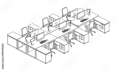 Isometric outline drawing of an open office layout with rows of desks, computers, and chairs