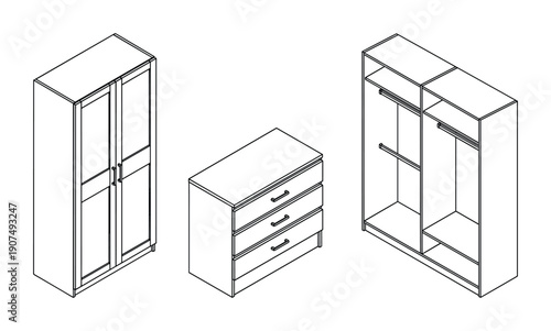Outline furniture set: wardrobe, dresser, and cabinet in isometric view.
