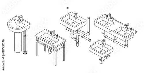 Isometric plumbing and faucet set, outline illustration of home bathroom sinks with water pipes