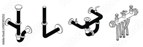 Isometric plumbing pipes and manifold system for water distribution and drainage installations