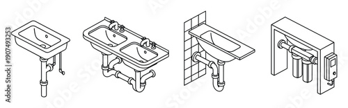 Isometric plumbing fixtures set with bathroom sinks and washbasins showing drain pipes and plumbing