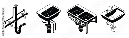 Isometric plumbing and faucet set, black silhouettes of home bathroom sinks with water pipes