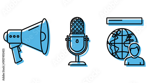 Icon set depicting megaphone, microphone, and globe communication symbols.