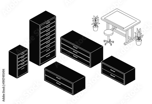 Isometric set of office storage furniture with filing cabinets and work desk