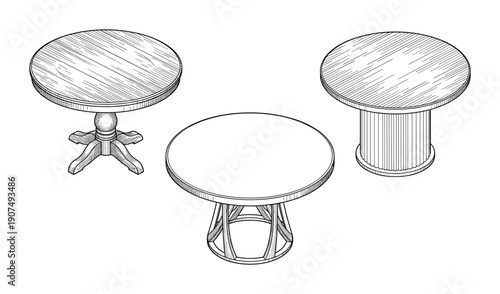 Vector illustration of circular wooden tables, architectural furniture elements, detailed line art