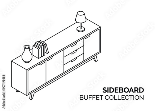 Minimalist home furniture outline. Modern storage cabinet with decorative objects. Interior element vector.