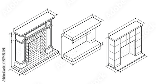 Outline drawings of various fireplaces and mantels with measurement lines, detailed sketch style on transparent background.