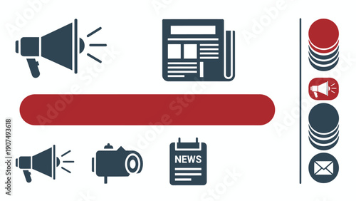 Set of media and communication icons featuring megaphone, newspaper, camera, mail and related symbols in a flat design.
