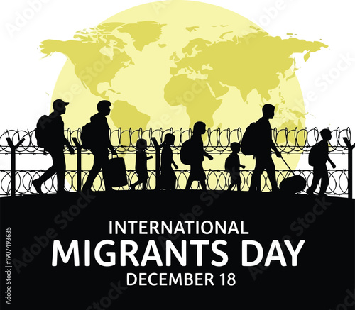 International migrants day silhouette family walking globe map background barbed wire fence vector