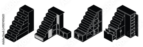 Isometric stairs with storage drawers and cabinet vector set. Modern home furniture design elements