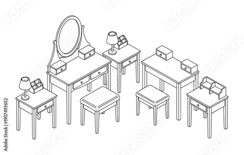 Isometric vanity tables and stools collection, hand-drawn furniture set for bedroom, dressing room decor