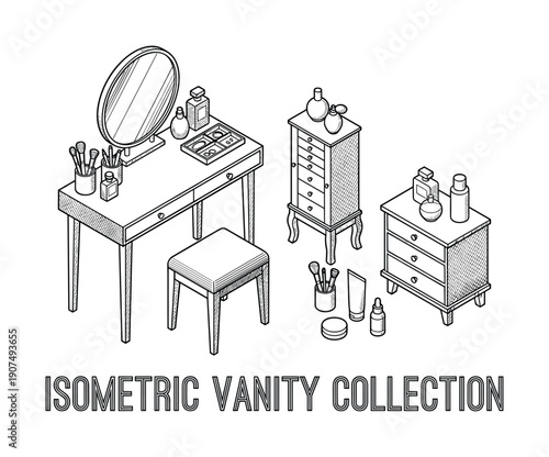 Isometric vanity collection with furniture, makeup mirror, perfume bottles, cosmetic accessories, hand-drawn vector