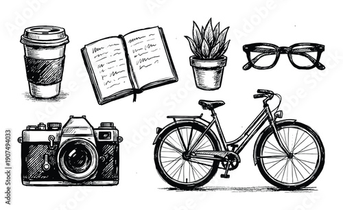 Lifestyle accessories collection with camera bicycle notebook and takeaway coffee cup