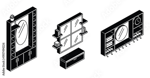 Modern wall unit with mirror shelves and cabinet in isometric view