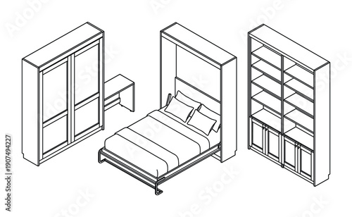 Functional bedroom interior design, murphy bed system, minimalist cupboard units, furniture vector