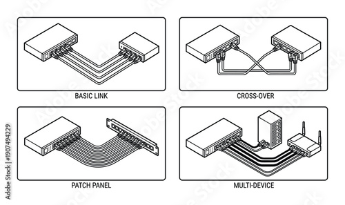 Network switch connection diagrams in isometric view