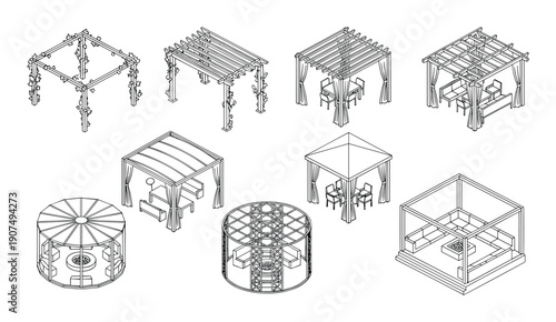 Outdoor garden pergola and gazebo architecture collection for landscape design isometric icons