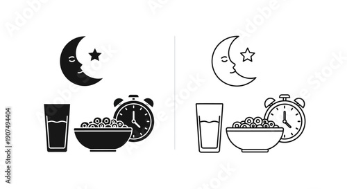 Vector illustration of a black silhouette and outline icon set depicting a crescent moon, glass of water, cereal bowl, and alarm clock, isolated on a white background.