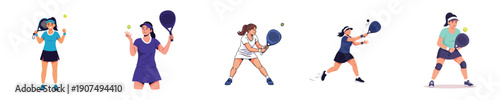 Padel Vector Female Player Action Match Sport Racket Character Collection