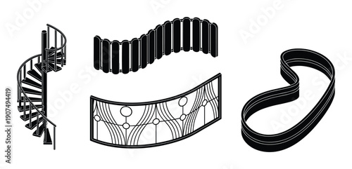 Set of architectural landscape elements featuring spiral staircase and decorative curved fence designs