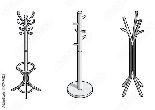 Black and white coat hanger collection, hall stand vector, hallway furniture icons, storage element