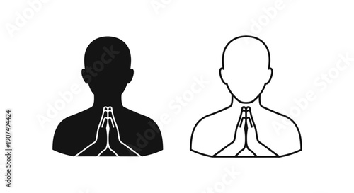 Vector illustration of two minimalist human silhouettes with hands pressed together in a prayer or namaste gesture, isolated on a transparent background.