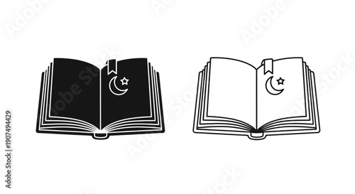 Vector black and white open book icon with a crescent moon and star bookmark, isolated on transparent background, ideal for religious or educational UI design.